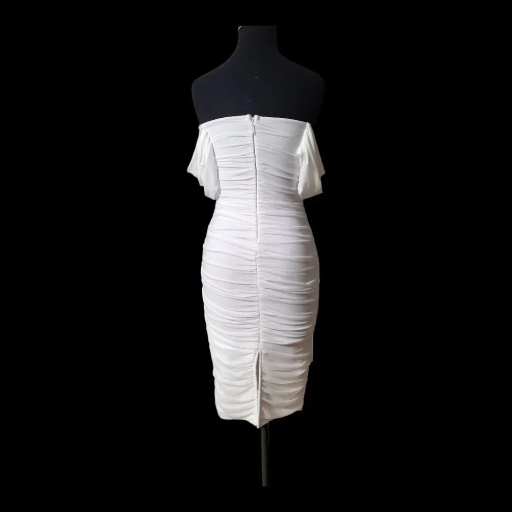 White Bodycon Ruched Stretch Dress - Picture 7 of 12